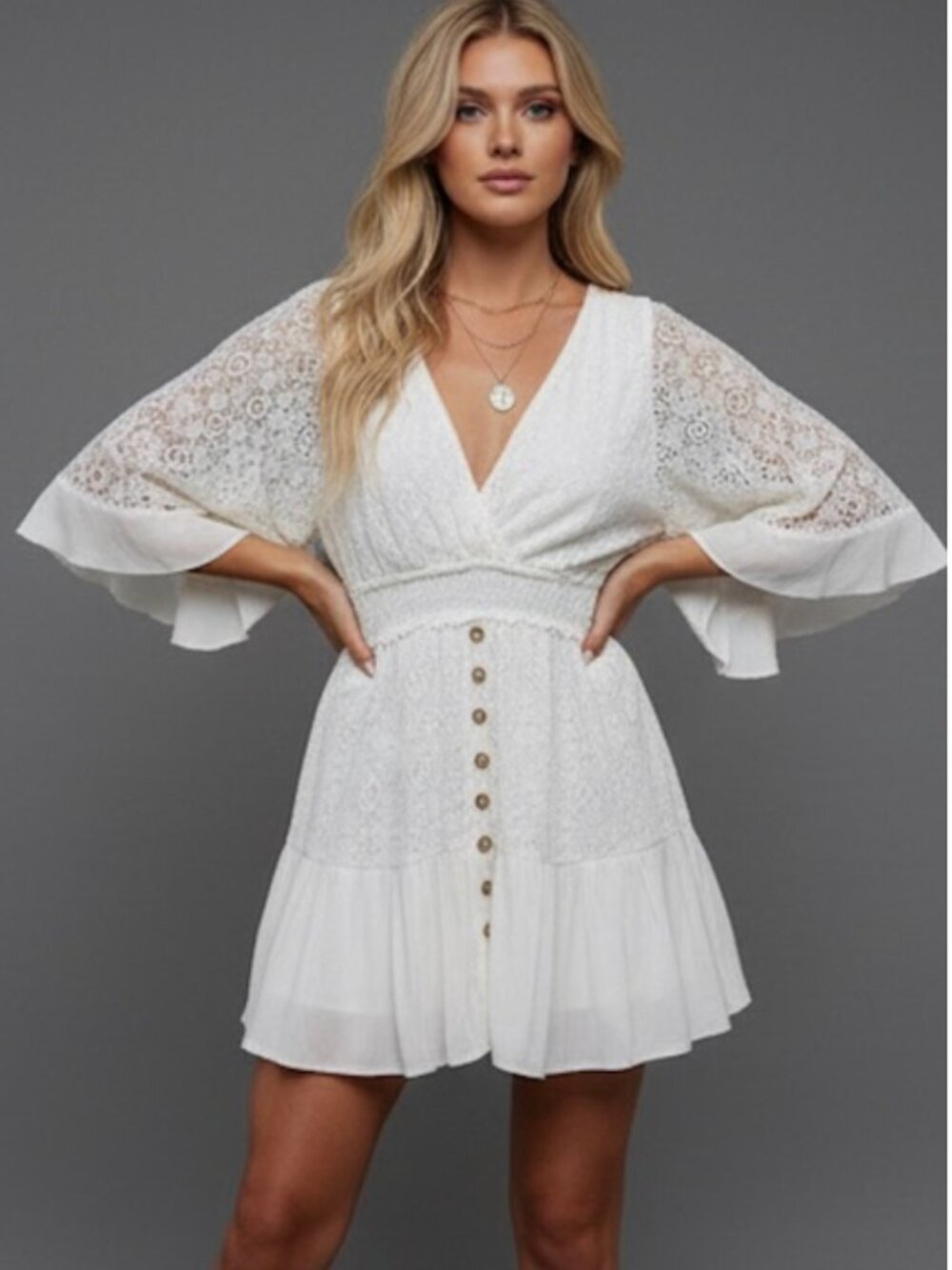 Boho Lace Batwing Sleeve Shirred Waist Dress